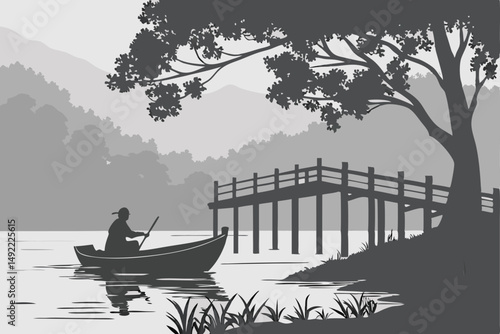 102 moody atmosphere, dramatic silhouette, peaceful lake, reflection on water, wooden bridge, lone boat, silhouette of person in boat, atmospheric lighting, black and white, minimalist landscape