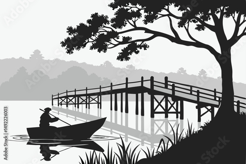 102 moody atmosphere, dramatic silhouette, peaceful lake, reflection on water, wooden bridge, lone boat, silhouette of person in boat, atmospheric lighting, black and white, minimalist landscape