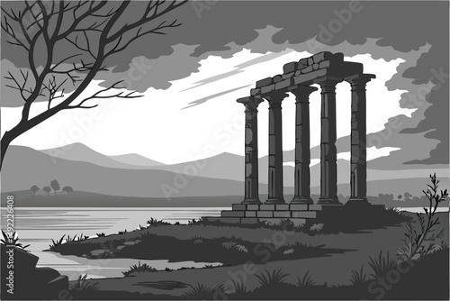 103 dramatic mysterious architectural ruins, crumbling stone columns, standing in a calm misty lake, landscape with mountains in the background, moody dark dramatic sky, long exposure, black and white