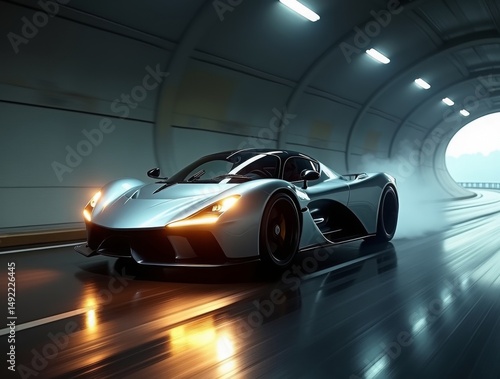 A high-performance supercar speeding through a tunnel with motion blur effect, headlights illuminating the path ahead