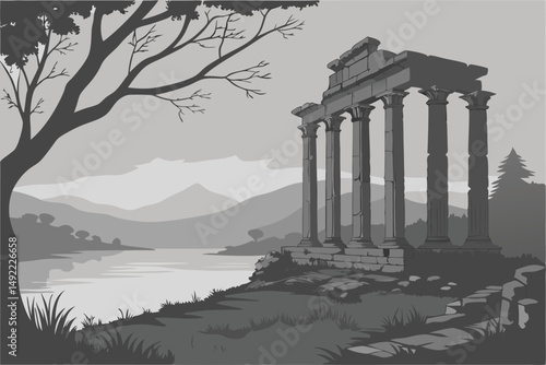 103 dramatic mysterious architectural ruins, crumbling stone columns, standing in a calm misty lake, landscape with mountains in the background, moody dark dramatic sky, long exposure, black and white