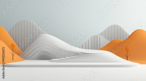 Minimalist 3D landscape scene with tiered platform