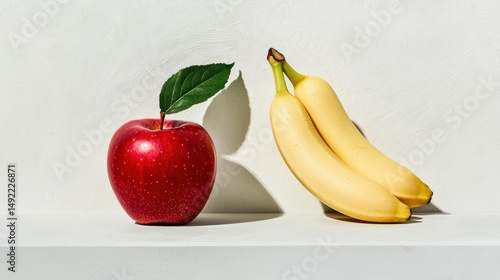 A white shelf with a red apple and two bananas.