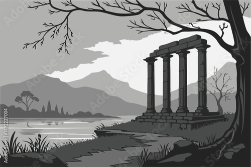 103 dramatic mysterious architectural ruins, crumbling stone columns, standing in a calm misty lake, landscape with mountains in the background, moody dark dramatic sky, long exposure, black and white