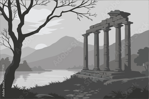 103 dramatic mysterious architectural ruins, crumbling stone columns, standing in a calm misty lake, landscape with mountains in the background, moody dark dramatic sky, long exposure, black and white