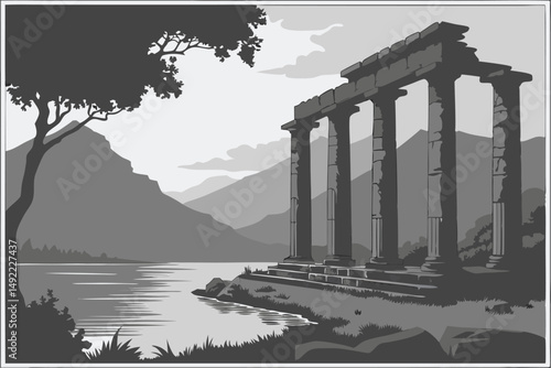 103 dramatic mysterious architectural ruins, crumbling stone columns, standing in a calm misty lake, landscape with mountains in the background, moody dark dramatic sky, long exposure, black and white