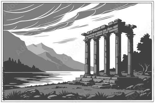 103 dramatic mysterious architectural ruins, crumbling stone columns, standing in a calm misty lake, landscape with mountains in the background, moody dark dramatic sky, long exposure, black and white