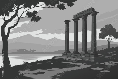 103 dramatic mysterious architectural ruins, crumbling stone columns, standing in a calm misty lake, landscape with mountains in the background, moody dark dramatic sky, long exposure, black and white