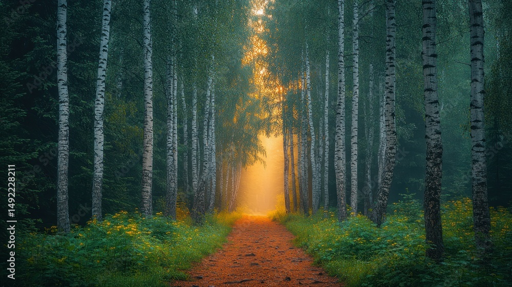 Fototapeta premium Misty forest path bathed in golden light