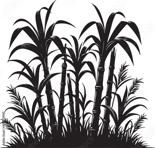 A monochrome illustration of sugarcane plants with leaves and stalks in a field