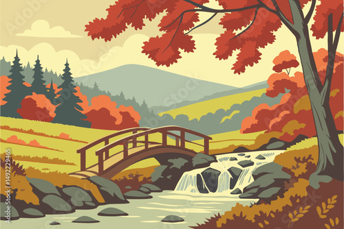 104 colorful autumn scene, lush foliage, cascading waterfall, wooden bridge, scenic nature landscape, detailed texture, high resolution