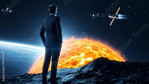 Businessman in space gazing at Earth and satellites with sun in the background. Futuristic vision of innovation, leadership, and cosmic exploration.