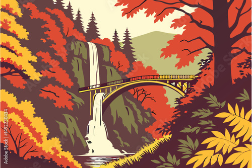 104 colorful autumn scene, lush foliage, cascading waterfall, wooden bridge, scenic nature landscape, detailed texture, high resolution