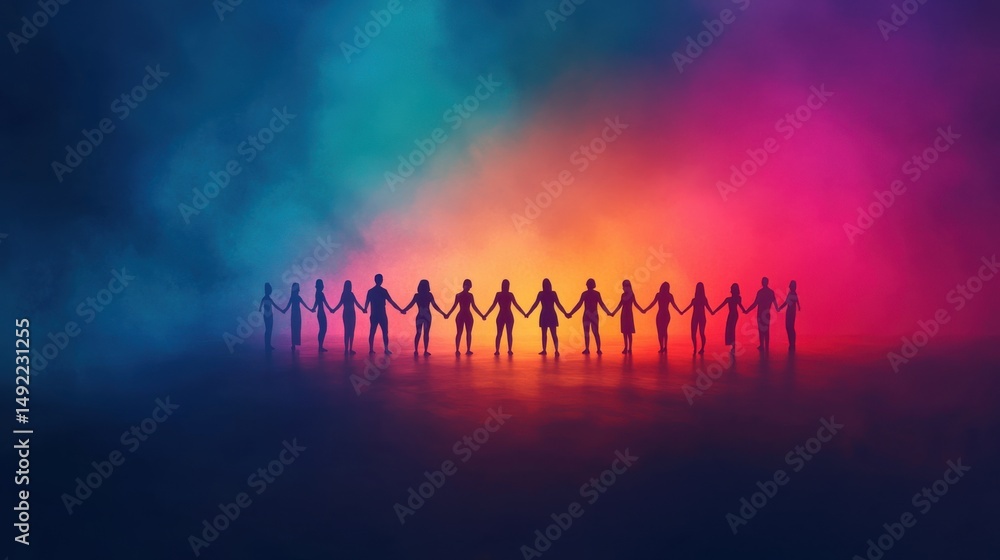 A vibrant silhouette of people holding hands against a colorful smoky background. A vibrant silhouette of people holding hands against a colorful smoky background.