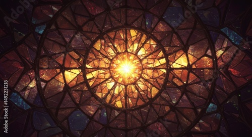 Abstract Cosmic Mandala Glowing Fractal Stained Glass Art Design