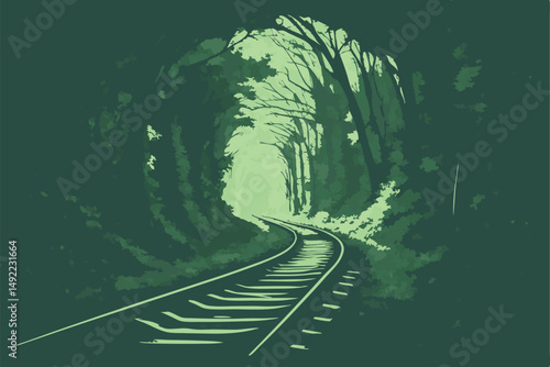 105 nature_photography, green_tunnel, enchanted_forest, overgrown_railway, mystical_passage, moody_lighting, lush_vegetation, serene_atmosphere, fairytale_landscape, atmospheric_scenery