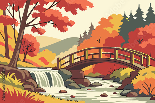 104 colorful autumn scene, lush foliage, cascading waterfall, wooden bridge, scenic nature landscape, detailed texture, high resolution