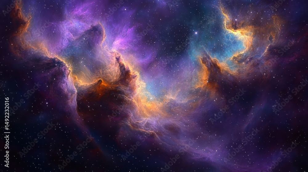 Obraz premium Vibrant cosmic nebula displaying swirling clouds of purple, blue, orange, and yellow gas with numerous small stars scattered across deep space