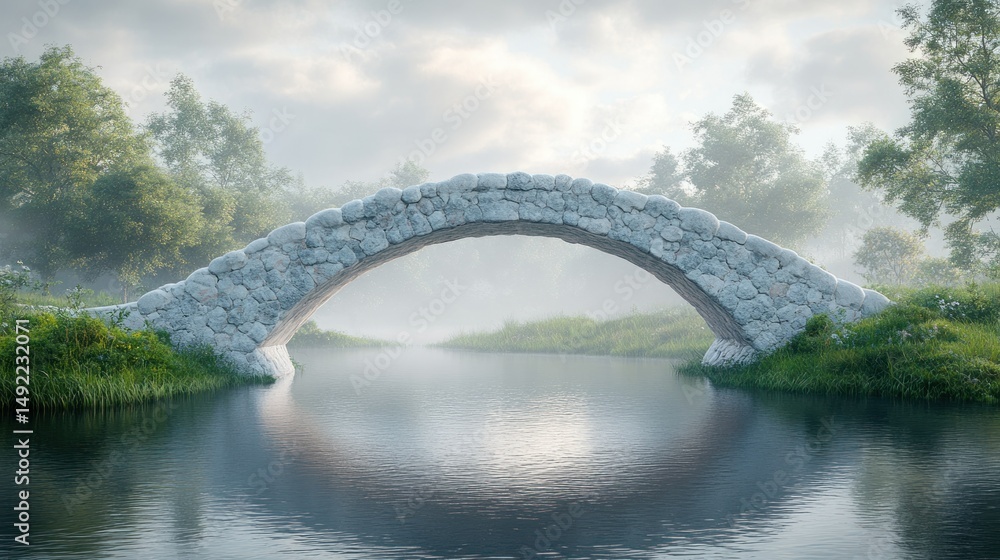 Fototapeta premium Misty stone arch bridge over tranquil stream