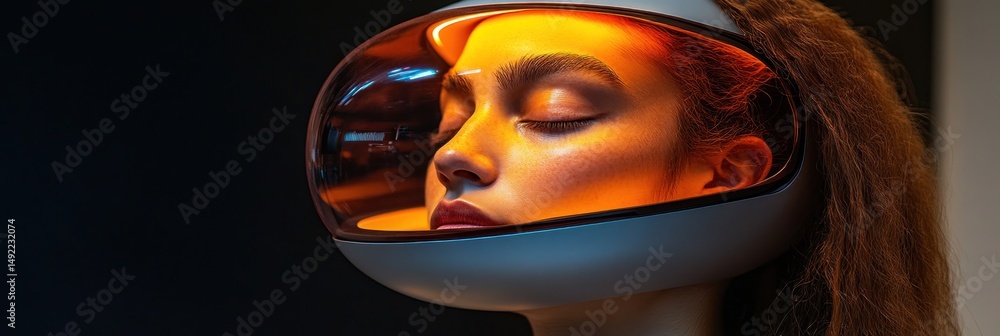 Woman's face, eyes closed, inside futuristic helmet, lit from within