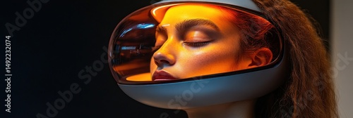 Obraz na płótnie Woman's face, eyes closed, inside futuristic helmet, lit from within w salonie