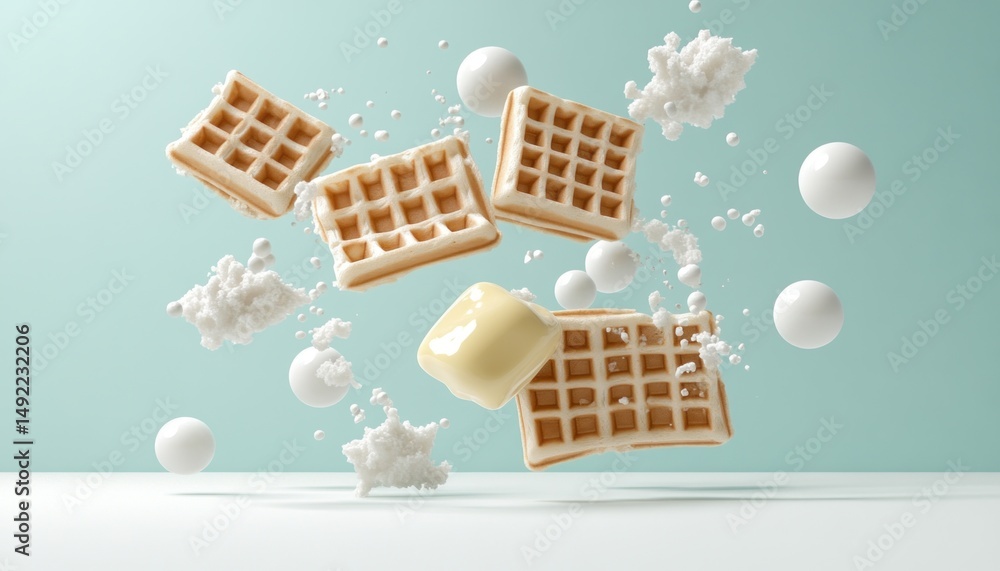Golden waffles levitate, adorned with creamy dollops and glistening butter, against a serene backdrop