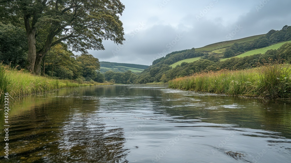 Serene river scene, calm water reflecting cloudy sky, lush green banks and rolling hills in background