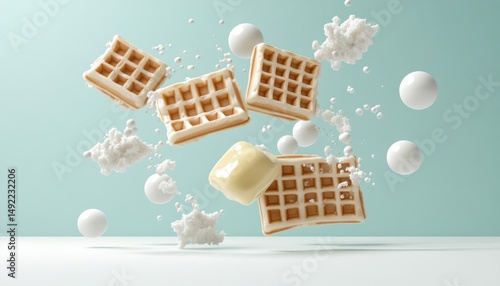 Obraz na płótnie Golden waffles levitate, adorned with creamy dollops and glistening butter, against a serene backdrop w salonie