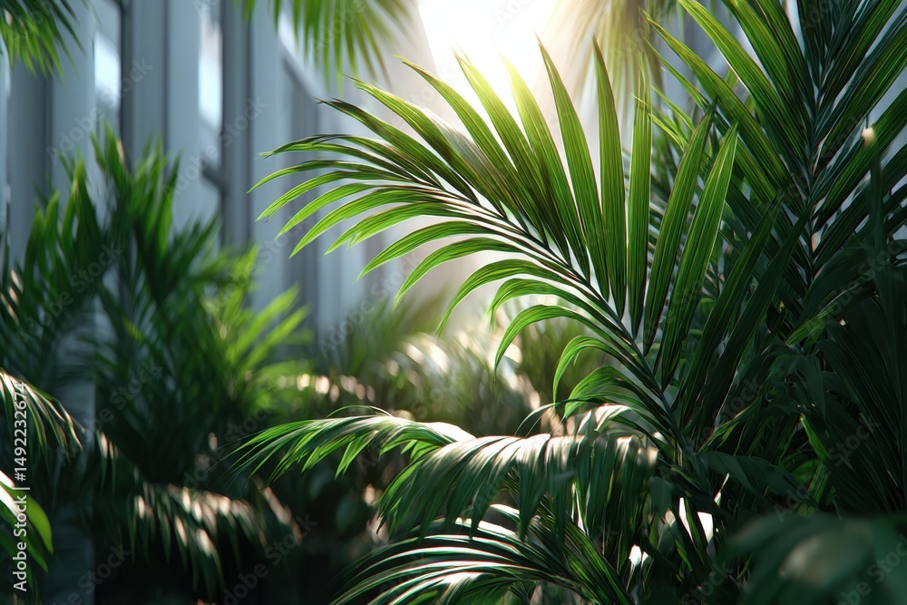 Fototapeta premium Lush green palm leaves illuminated by sunlight in a bright greenhouse during the day