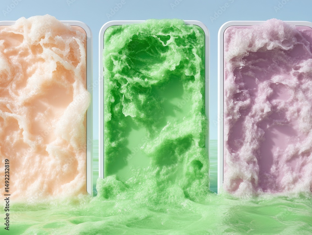 Three pastel-colored ice cream tubs submerged in matching-colored liquid, creating a visually appealing scene