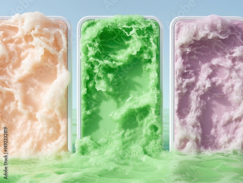 Obraz na płótnie Three pastel-colored ice cream tubs submerged in matching-colored liquid, creating a visually appealing scene w salonie