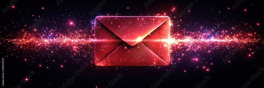 Glowing red envelope amidst cosmic dust and light streaks