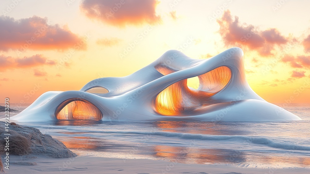 Futuristic seascape; organic, white structure glows at sunset