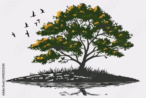 106 a lush green tree with colorful foliage on a small island surrounded by a calm lake, birds flying in the sky, reflection on the water, photographic, highly detailed, digital art, cinematic lightin