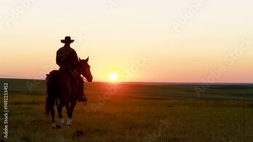 Silhouette of cowboy riding horse into sunset across open prairie. Peaceful Western landscape symbolizing freedom, tradition, and rural life.