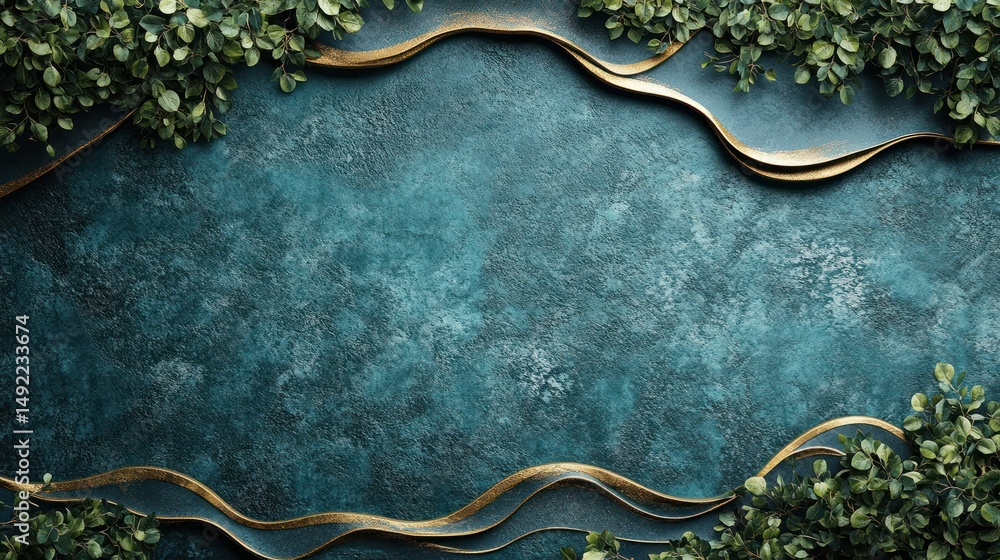 Teal textured background with gold accents and greenery border