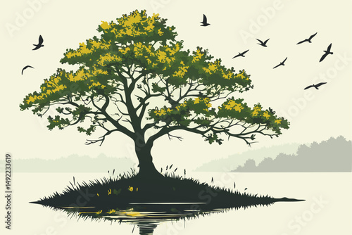 106 a lush green tree with colorful foliage on a small island surrounded by a calm lake, birds flying in the sky, reflection on the water, photographic, highly detailed, digital art, cinematic lightin