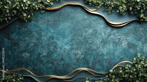 Obraz na płótnie Teal textured background with gold accents and greenery border w salonie