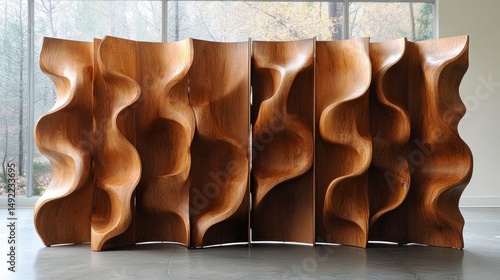 Intricate, undulating wood sculpture; flowing, organic forms create a rhythmic, visually engaging piece