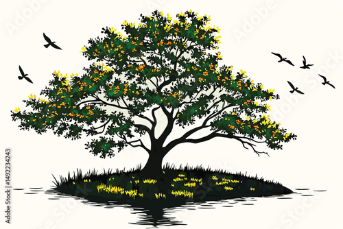 106 a lush green tree with colorful foliage on a small island surrounded by a calm lake, birds flying in the sky, reflection on the water, photographic, highly detailed, digital art, cinematic lightin