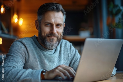 middle-aged man with beard wearing gray sweater working on laptop in cozy warmly lit room smiling gently