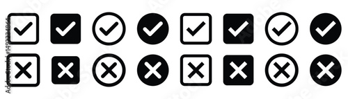 Set green approval check mark and red cross icons collection in circle and square, checklist signs, flat checkmark approval badge, 
