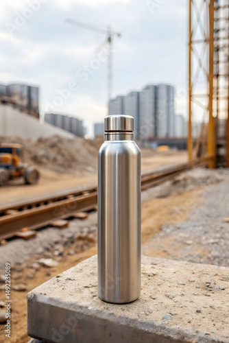 Metal thermos mockup standing on wooden planks at construction site with city skyline and machinery in background for industrial, outdoor, or worker branding