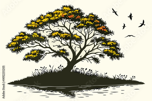 106 a lush green tree with colorful foliage on a small island surrounded by a calm lake, birds flying in the sky, reflection on the water, photographic, highly detailed, digital art, cinematic lightin