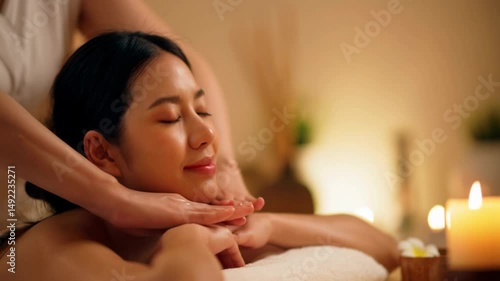 Relaxed woman enjoying massage therapy in spa setting with candlelight. Peaceful ambiance promoting wellness, self-care, and stress relief.