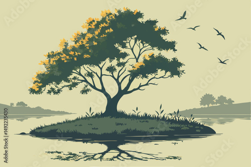 106 a lush green tree with colorful foliage on a small island surrounded by a calm lake, birds flying in the sky, reflection on the water, photographic, highly detailed, digital art, cinematic lightin