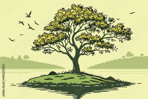 106 a lush green tree with colorful foliage on a small island surrounded by a calm lake, birds flying in the sky, reflection on the water, photographic, highly detailed, digital art, cinematic lightin