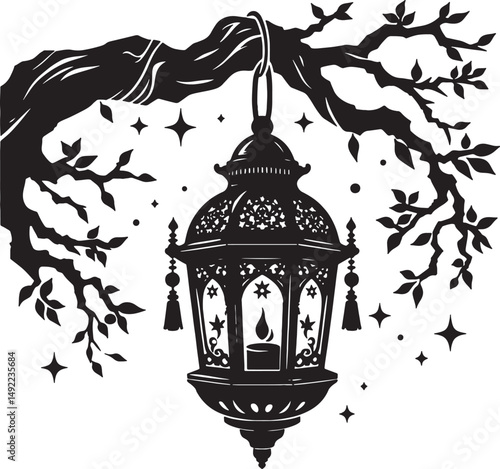 A black and white illustration of a lantern hanging from a tree branch at night time