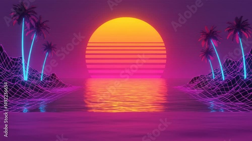 Vaporwave Sunset with Palms: A Nostalgic Synthwave Dreamscape of the 1980s Aesthetic
