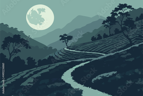 107 serene tea plantation at night, magnificent full moon, dramatic landscapes, mountainous terrain, lush green tea leaves, winding paths, atmospheric lighting, cinematic, matte painting style, highly